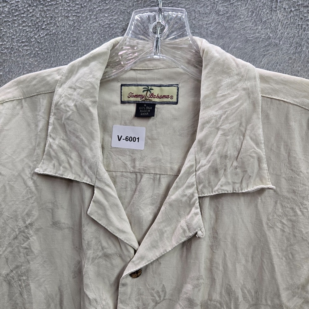 Tommy Bahama Men Button Up Shirt Large Beige 100% Silk Textured Palm Tree Collar - Picture 4 of 9